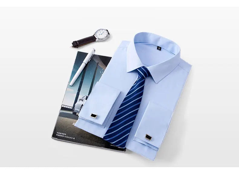 Brand NEW 2024-2025 Fashion Mens French Cufflinks Dress Shirts Long Sleeve Yellow White Blue Social Business Regular Fit Wedding Party Shirt For Man