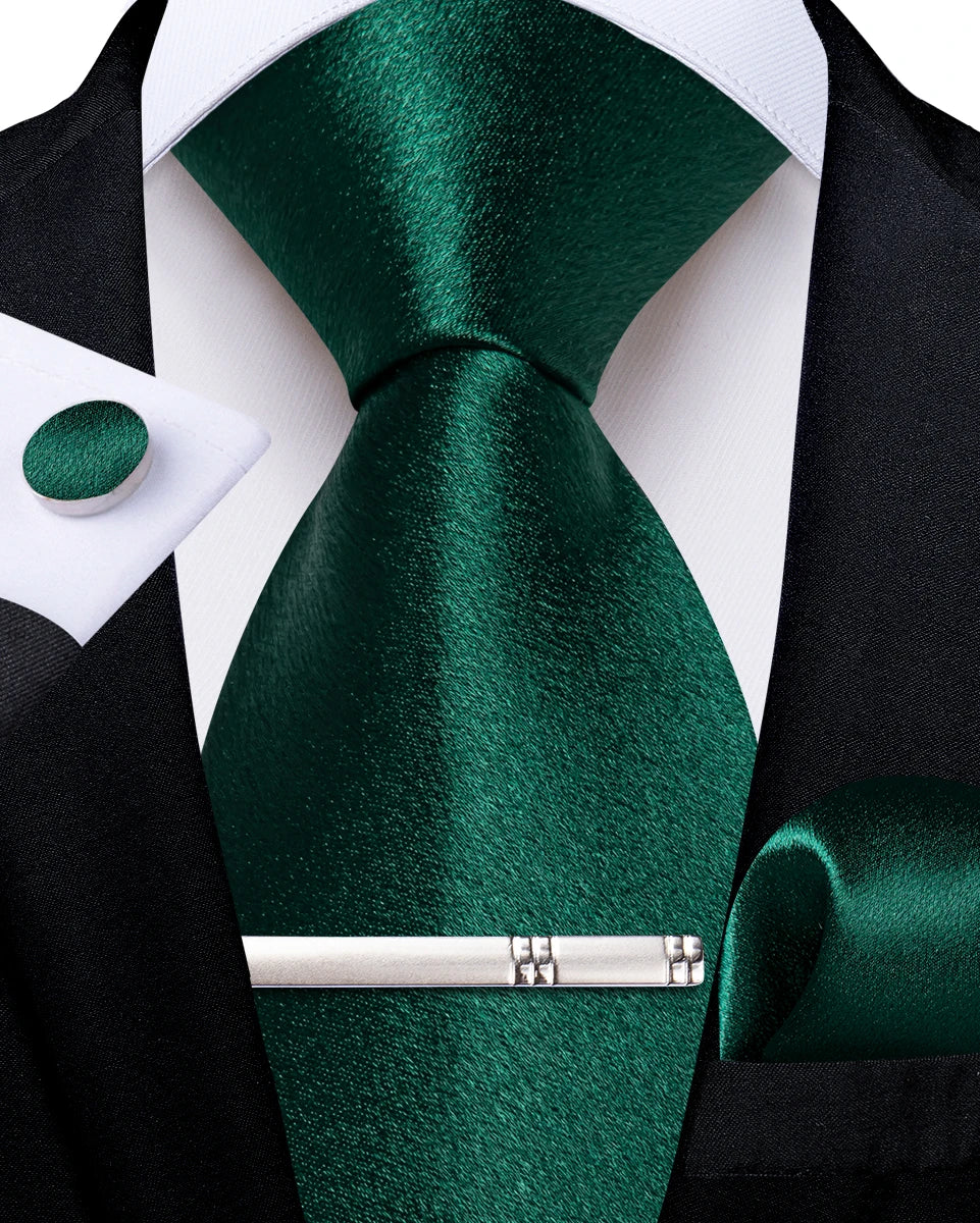 4Pcs Solid Green Brown Black Blue Red Satin 8cm Men Tie Set Handkerchief Cufflinks Wedding Party Accessories Gift for Husband