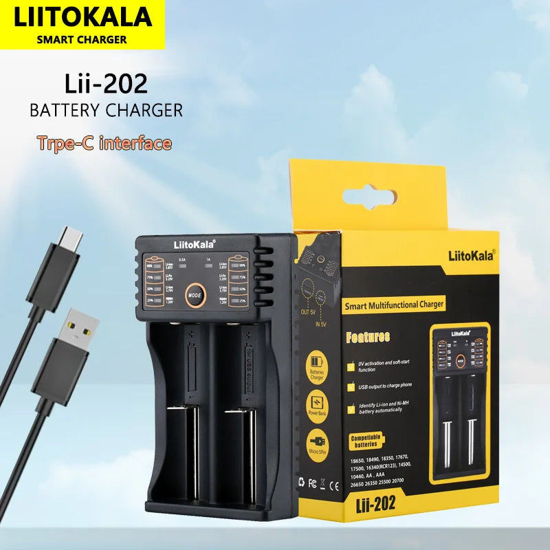Liitokala Lii-202 18650 1.2V 3.7V 3.2V AA/AAA 26650 10440 16340 21700 20700 14500 18490 NiMH Lithium Battery Smart Charger