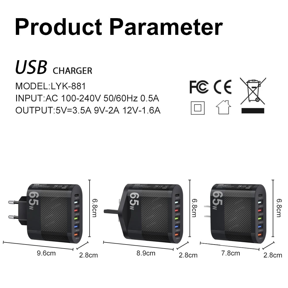 65W USB C Charger PD Fast Charging Universal Phone Charger Power Adapter for iPhone 15 14 Xiaomi Samsung EU US Wall Plug Charger BUY ONE GET A FREE LAPTOP STAND