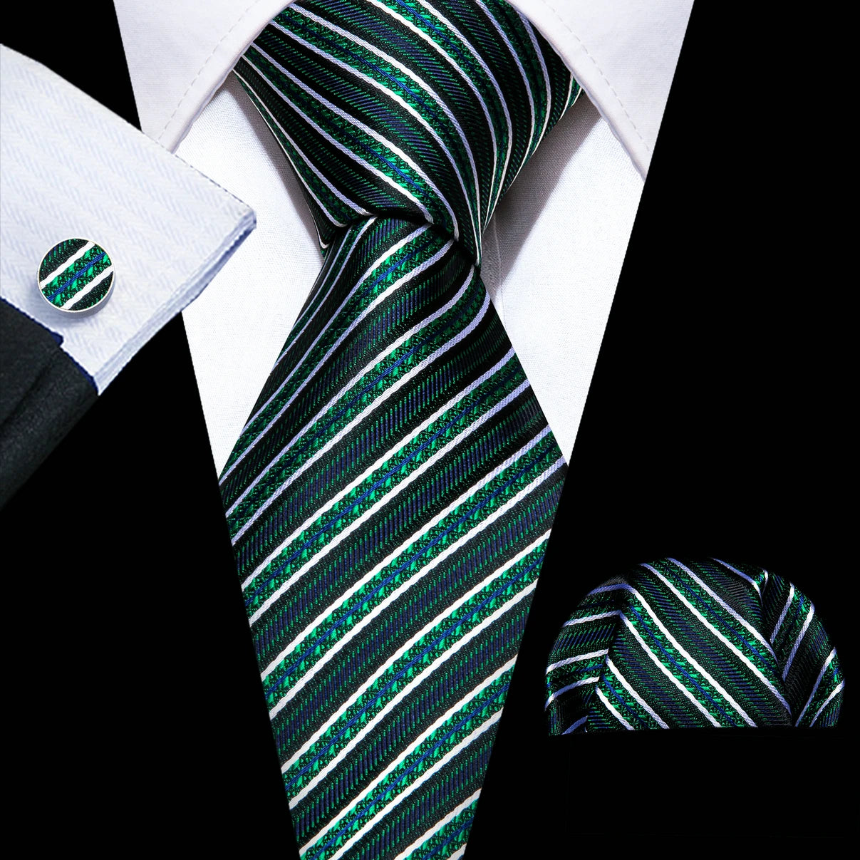 Dark Green Silk Solid Men Ties With Pocket Square Cufflinks Set Elegant Woven High Quality Suit Necktie Wedding