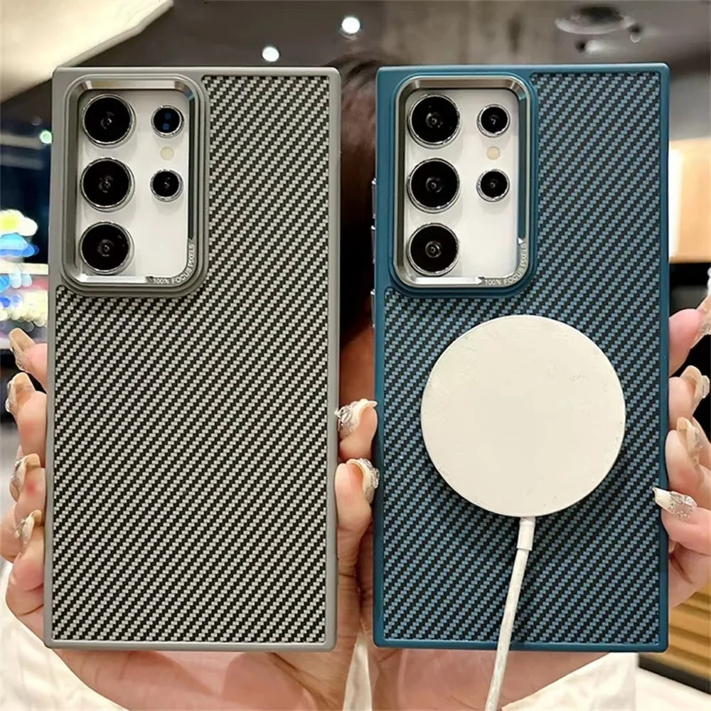 Luxury Carbon Fiber Pattern Armor For Magsafe Case For Samsung Galaxy S24 Plus Ultra Magnetic Wireless Charge Matte Hard Cover
