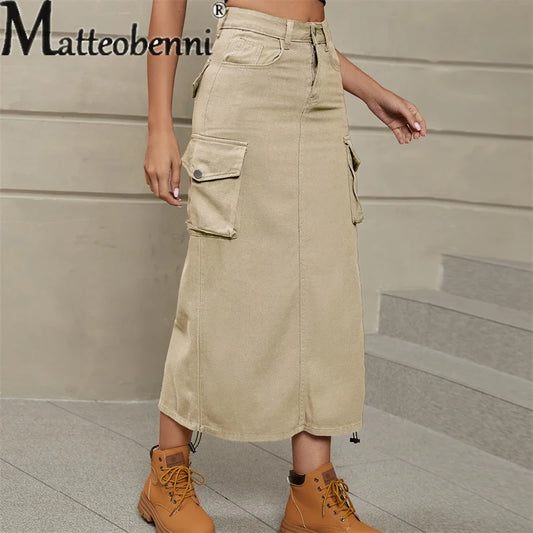 2024 Vintage Draw Pleat Half-body Dress Women Casual Trend Pocket Splicing Button Denim Overalls Skirt Female Clothes Streetwear
