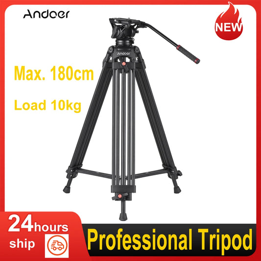 Andoer Professional Camera Tripod Photography Stand with 360° Panorama Fluid Hydraulic Bowl Head  Max. Height 180cm Load 10kg