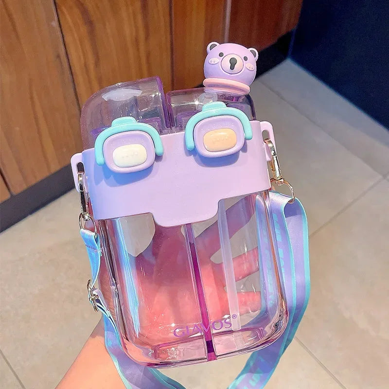 Drinking Bottle Large-Capacity Double-Bin Plastic Straw Cup Children Portable Carrying Water Bottle with High Beauty Cartoon Out