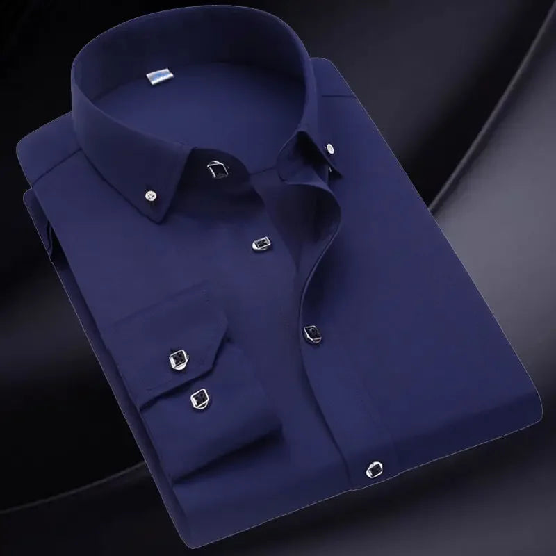 Summer Business Slim Fit White Shirt for Men - British Casual Tooling Style with Three Buttons Men's Long Sleeve Shirts