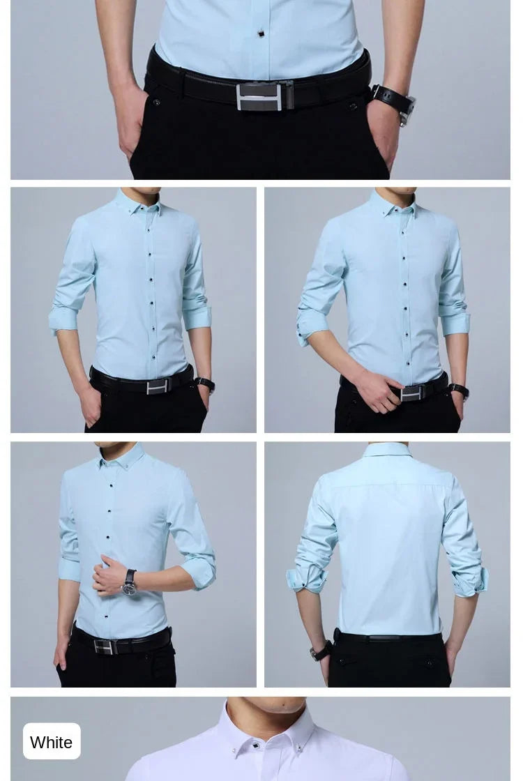 Summer Business Slim Fit White Shirt for Men - British Casual Tooling Style with Three Buttons Men's Long Sleeve Shirts