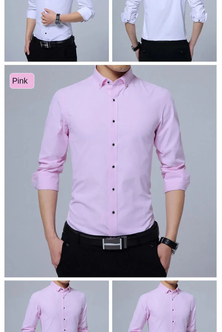 Summer Business Slim Fit White Shirt for Men - British Casual Tooling Style with Three Buttons Men's Long Sleeve Shirts