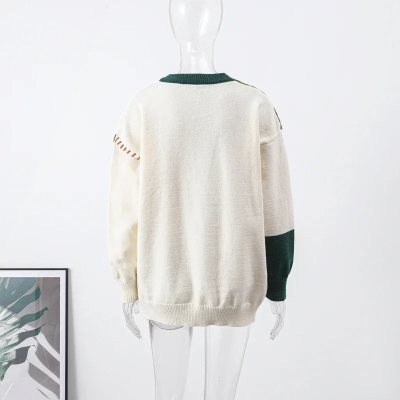 Man Panelled Contrast O neck Sweater 2024-2025 Autumn Winter Vintage Loose Long Sleeves Knitted Pullover Fashion Casual Male Jumper