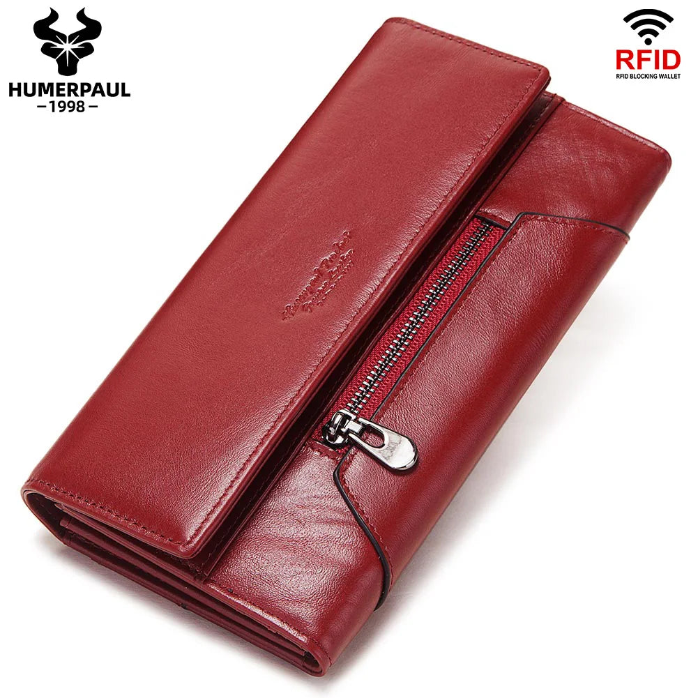 2024 HUMERPAUL Fashion Women Genuine Leather Wallet RFID Blocking Tri-fold Credit Card Holder Luxury Long Female Phone Clutches
