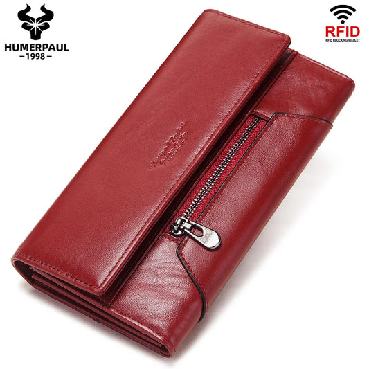 2024 HUMERPAUL Fashion Women Genuine Leather Wallet RFID Blocking Tri-fold Credit Card Holder Luxury Long Female Phone Clutches