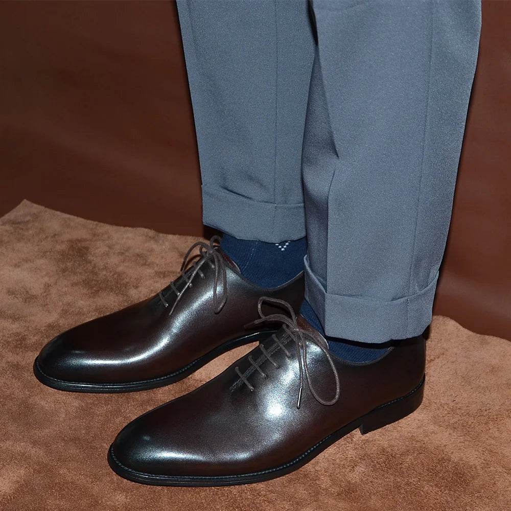 Brand Designer Whole Cut Oxford Dress Shoes Men Genuine Leather Handmade Lace Up Plain Toe Business Office Formal Wedding Shoe