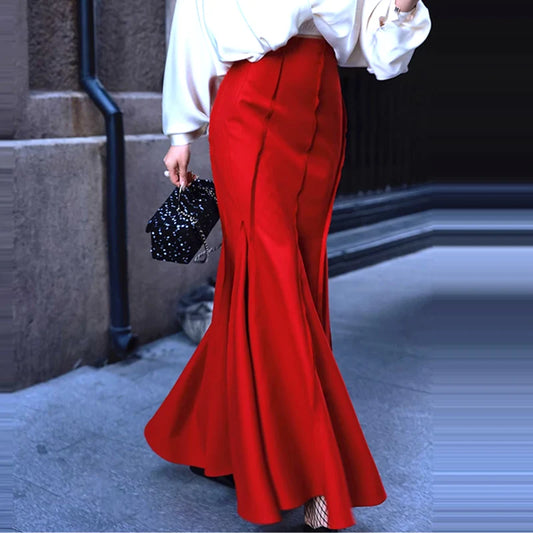 2024 USA Fashion XS S Sexy High Waist Wrapped Hip Long Skirts Womens Autumn and winter Red Retro Slim fishtail skirt