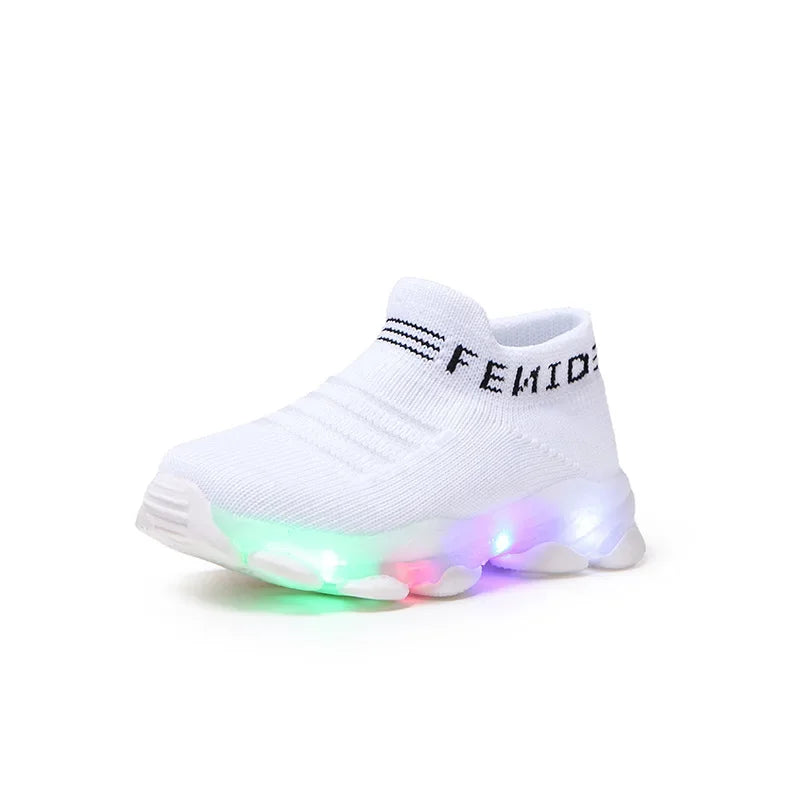 Brand New 2024-2025 Kids Sneakers Children Baby Girls Boys Letter Mesh Led Luminous Socks Sport Run Sneakers Shoes Sapato Infantil Light Up Shoes