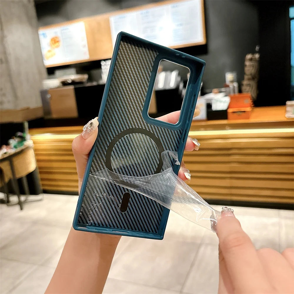 Luxury Carbon Fiber Pattern Armor For Magsafe Case For Samsung Galaxy S24 Plus Ultra Magnetic Wireless Charge Matte Hard Cover