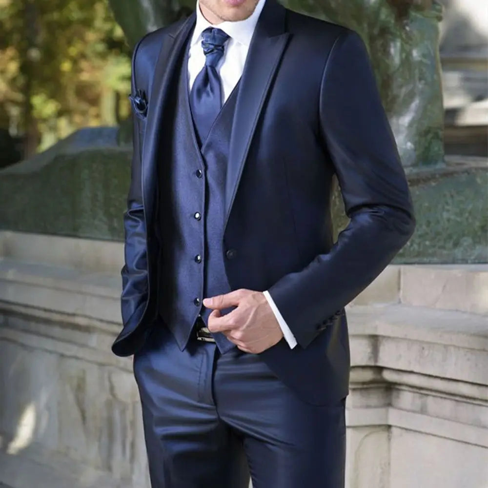 2024 Fashion Casual Custom Made Groom Tuxedo Navy Blue Peak Lapel Wedding/Prom Best Man Suits Bridegroom (Jacket+Pants+Vest)