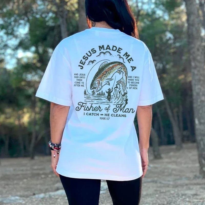 JESUS CHRIST is  THE Fisher of Men Vintage Fashion Streetwear Tops Women Back Print Christian Bible Verse T-Shirt  Gift