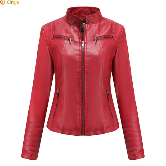 Bright Red V-neck Leather Jacket Women's, Fashion Slim PU Coat, Black Short Outerwear Size XS S M L XL XXL