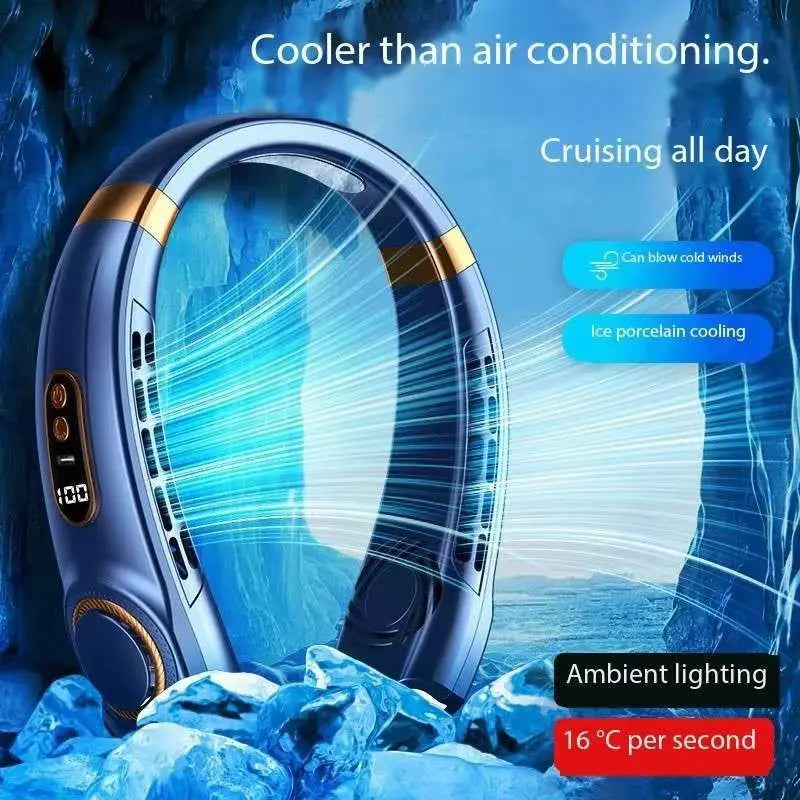 2024 New Portable Bladeless Hanging Neck Fan,LED Digital Power Supply, Ice Ceramic Induction Cooling, Colorful Atmosphere Light