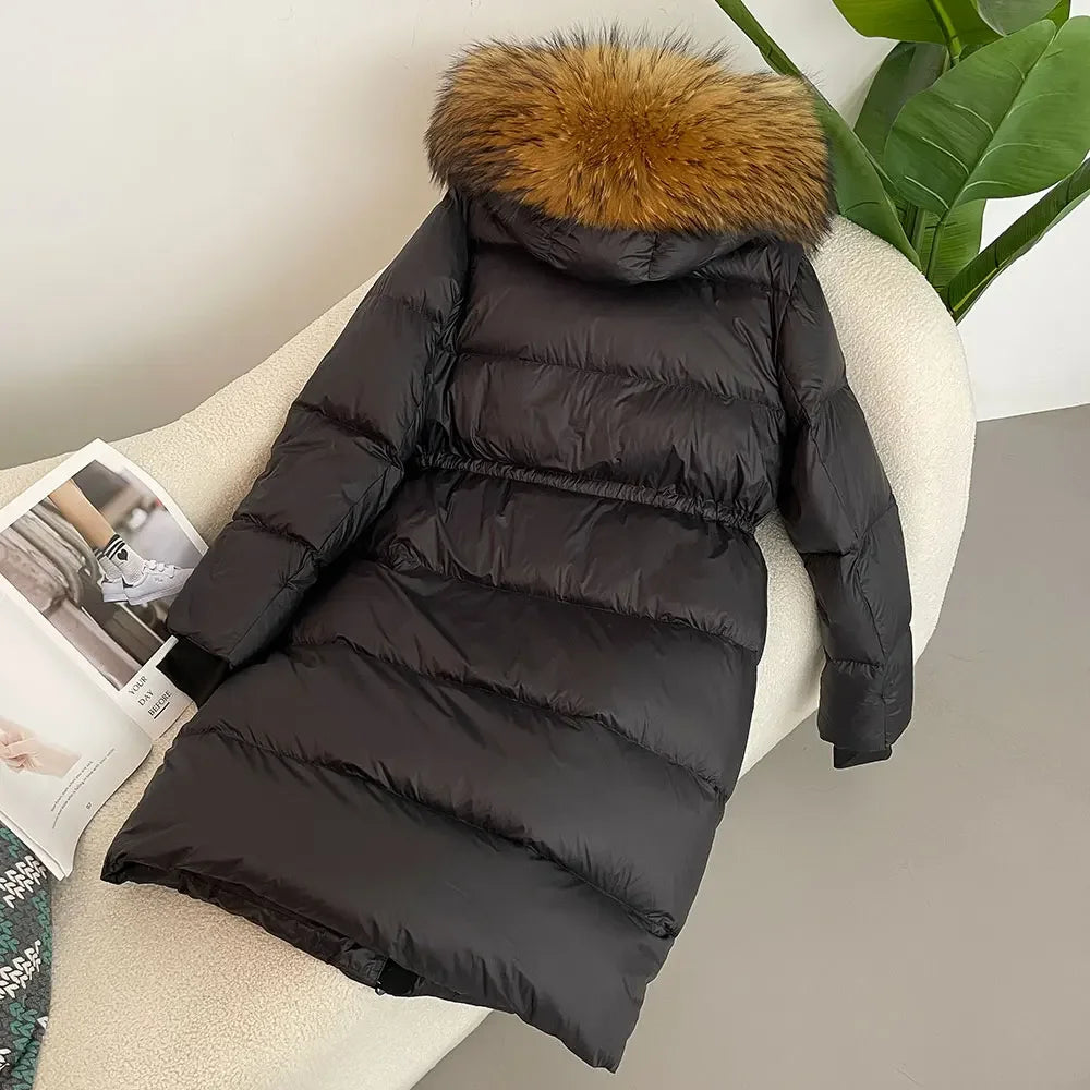 2024 - 2025 Winter New White Duck Down Real Fox Fur Real Raccoon Fur Long Hooded Coat Women Slim Warm Jacket Female Casual Fashion