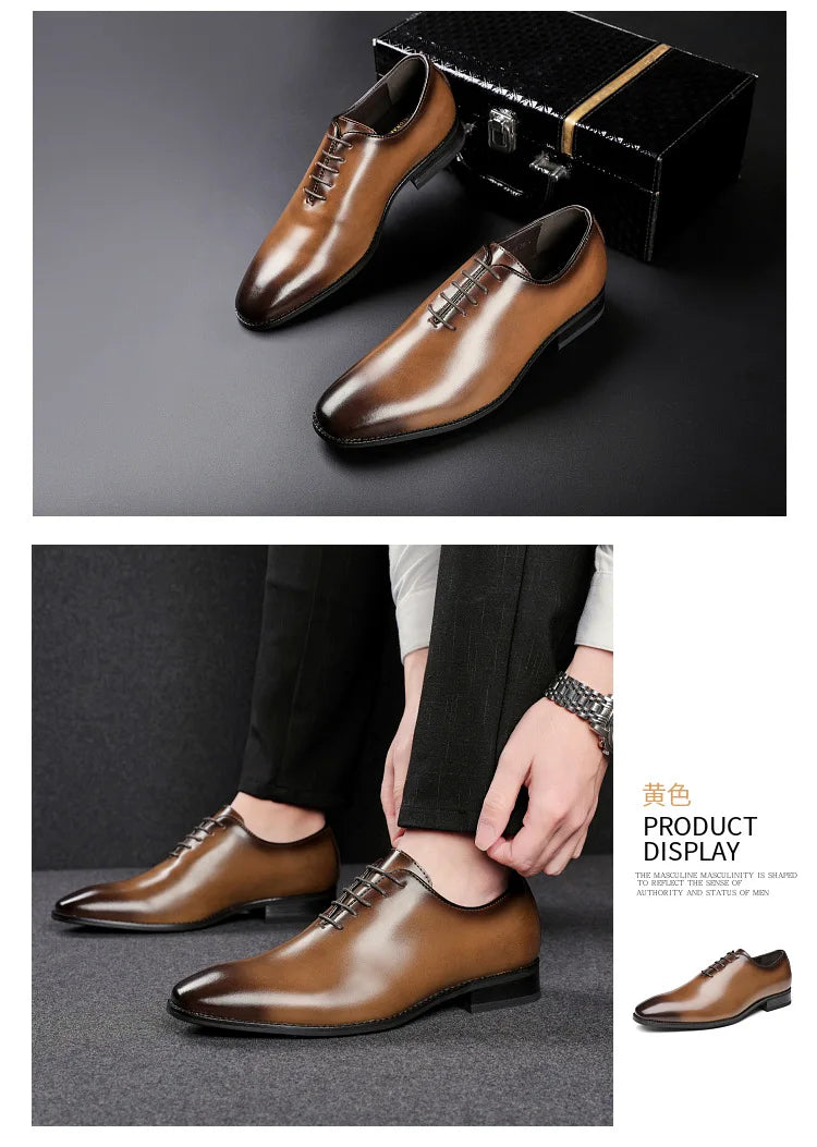 English new Style 2024-2025  Men Leather Shoes Prince Classic Formal Whole-cut Dress Shoes Hand Rubbing Lace Up Business Leather Shoes Oxford
