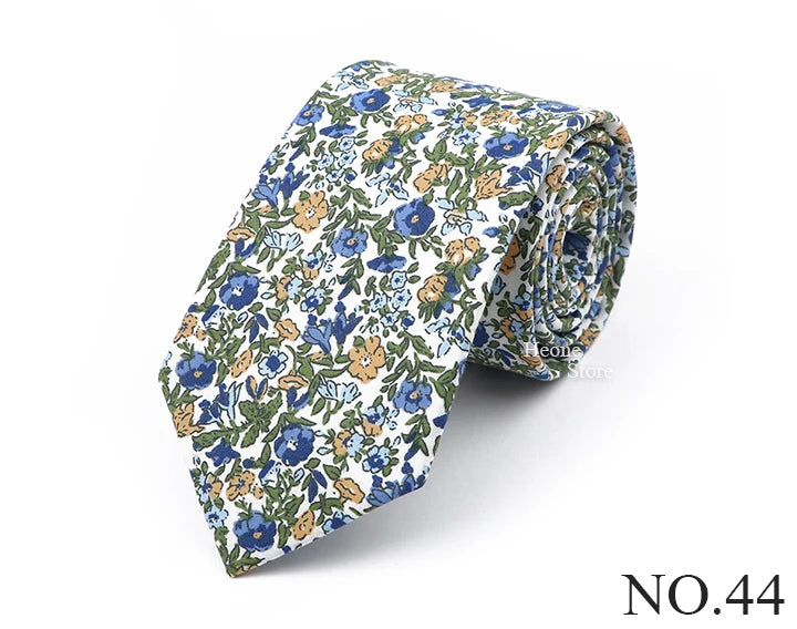 New Chic Floral Tie For Men 2025 100% Cotton Beautiful Elegant Flower Necktie White Blue Narrow Skinny Wedding Casual Cravat