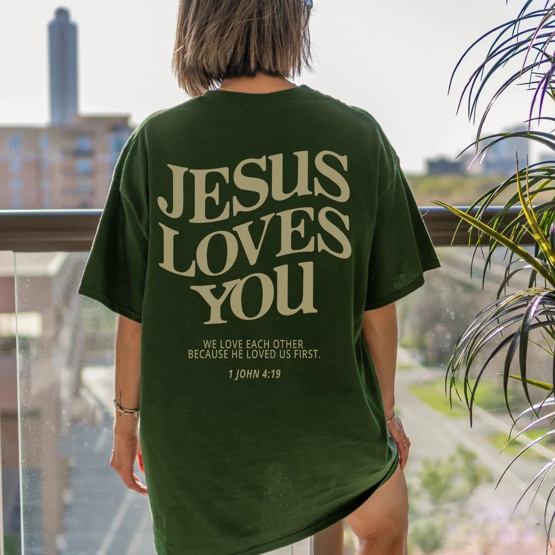 JESUS-CHRIST Loves You Christian Oversized T-Shirt we love each other Loose Tee Women Trendy Casual cotton Aesthetic Top