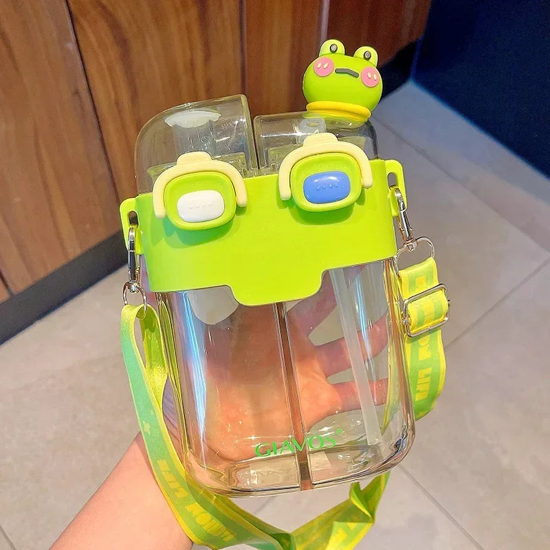Drinking Bottle Large-Capacity Double-Bin Plastic Straw Cup Children Portable Carrying Water Bottle with High Beauty Cartoon Out