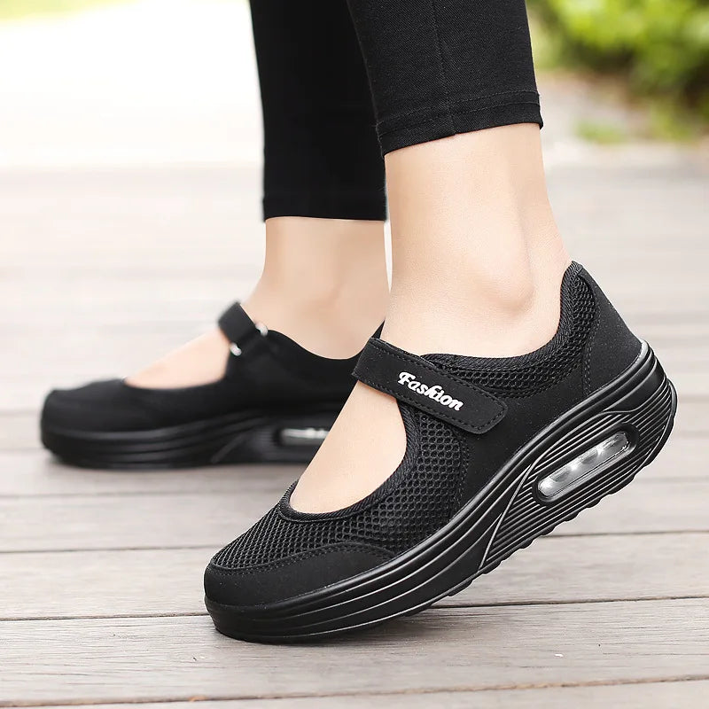 New Women Tennis Shoes New Hook Loop Air Cushion Shoe Non-slip Sole Breathable Female Casual Increase Footwear Outdoor Walk Sneakers
