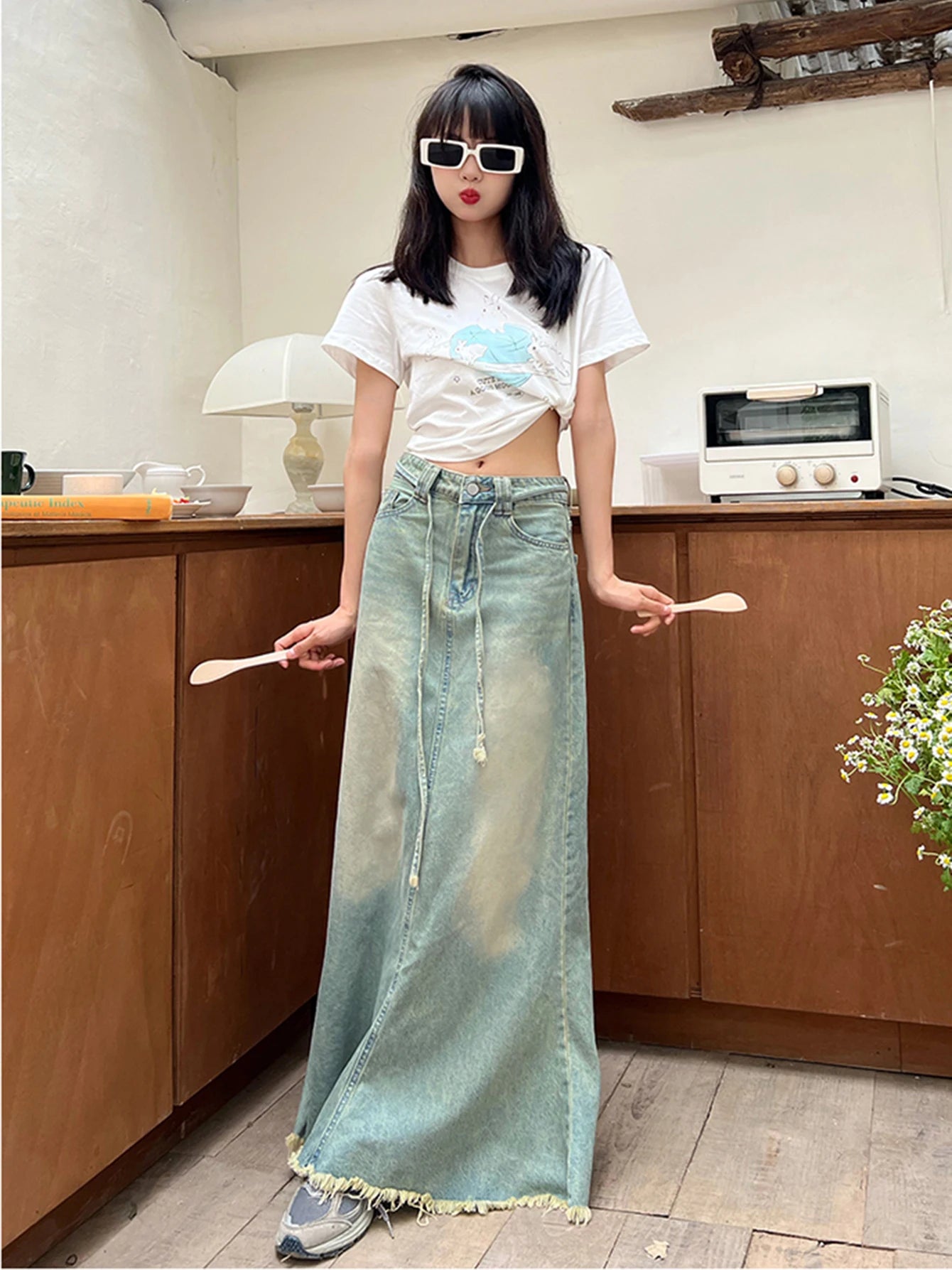 REDDACHiC 90s Retro Green Wash Long Jeans Fishtail Skirt Women Bandage High Waist Frayed Denim Maxi Skirt  Y2k Streetwear