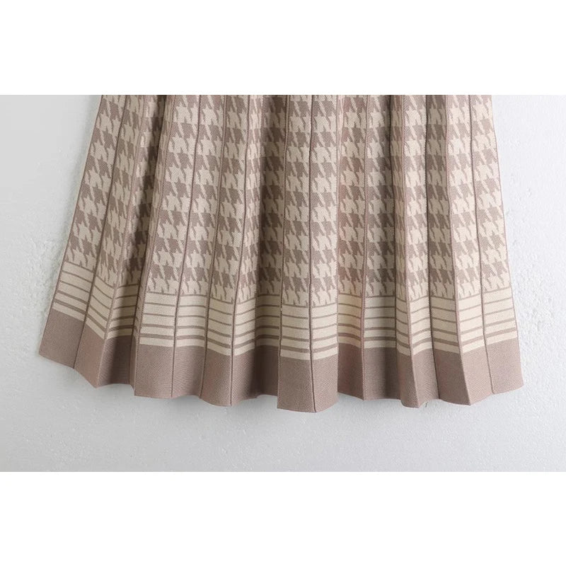 TIGENA Vintage Houndstooth Knitted Skirt for Women 2024 Autumn Winter Elegant Plaid High Waist Pleated Midi Long Skirt Female