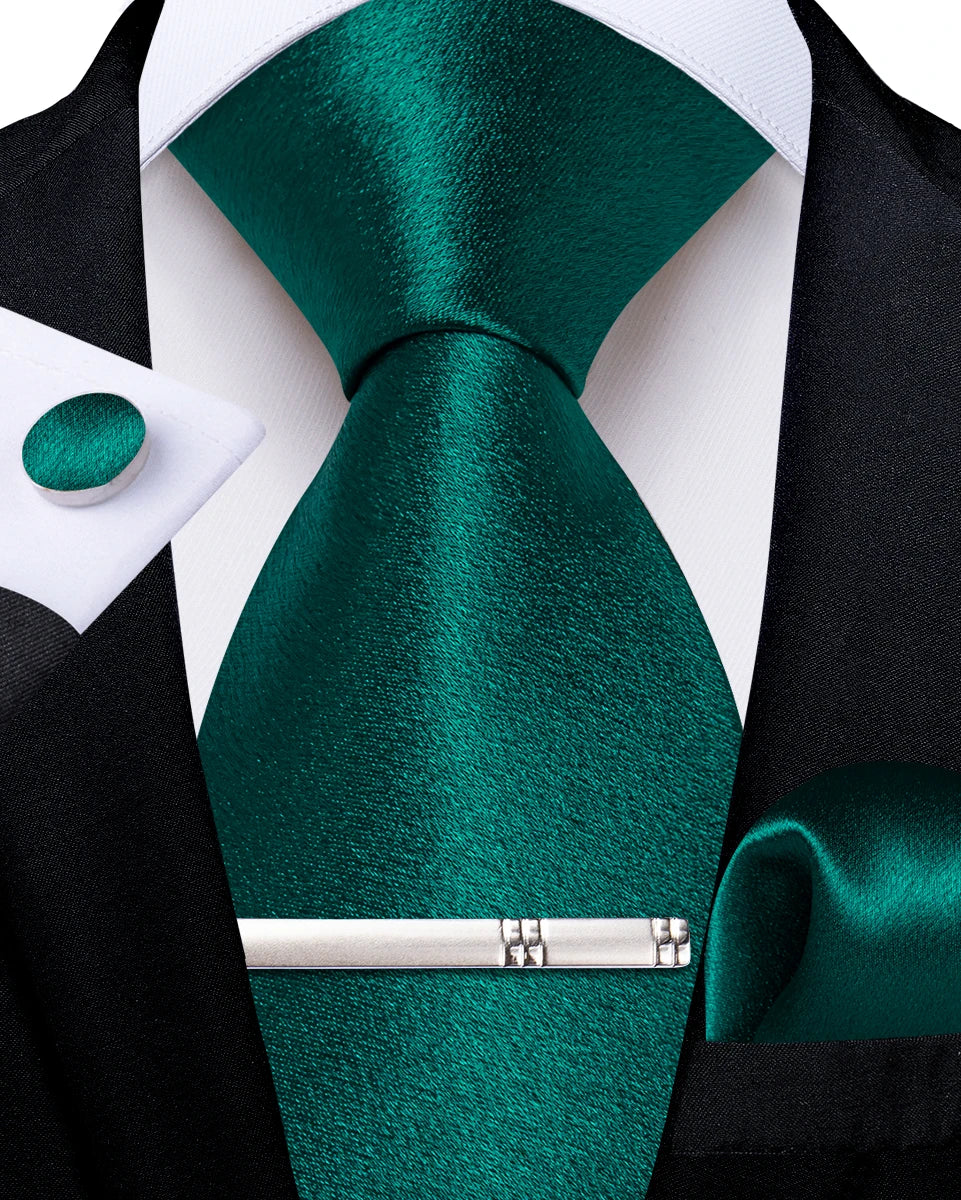 4Pcs Solid Green Brown Black Blue Red Satin 8cm Men Tie Set Handkerchief Cufflinks Wedding Party Accessories Gift for Husband