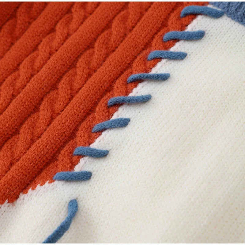 Man Panelled Contrast O neck Sweater 2024-2025 Autumn Winter Vintage Loose Long Sleeves Knitted Pullover Fashion Casual Male Jumper