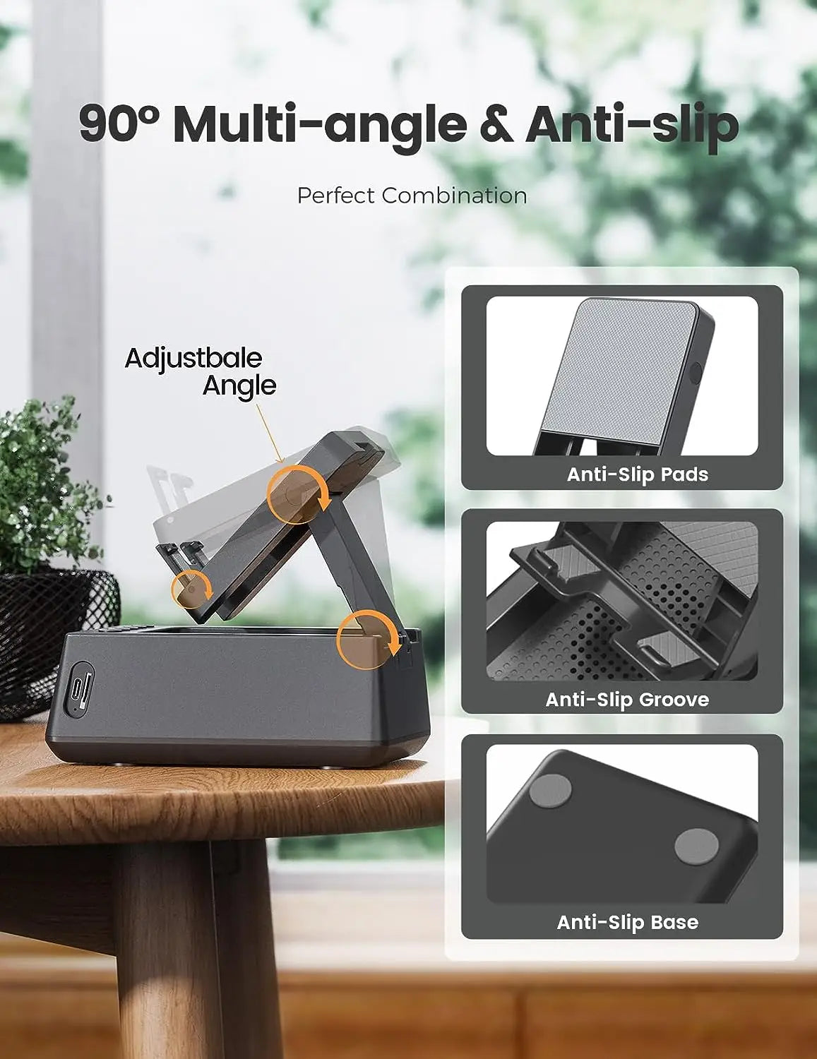Cell Phone Stand Bluetooth Speakers Foldable Phone Holder with LED Digital Alarm Clock HD Surround Souond Desk Audio Speaker