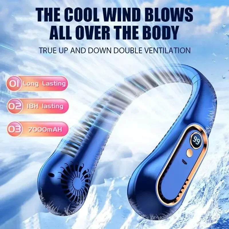 New 2024 Neck Bladeless Fan Mini Ultra Long Life Portable Lazy Silent Fan Usb Charging Student Sports Office Digital Display Power 5 Gear