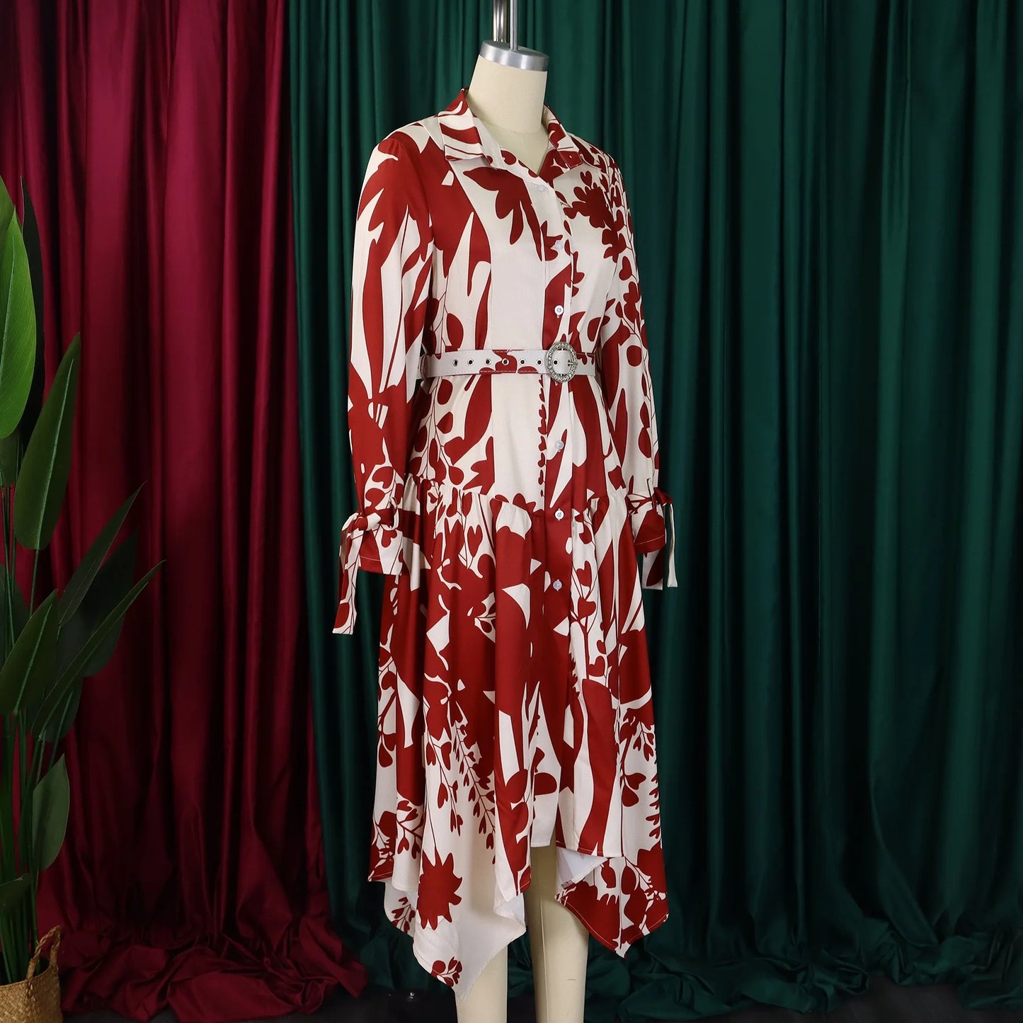 Brand New collections 2024-2025 Elegant Shirts Dresses for Women Printed Turn Down Collar Full Sleeve Belt Waisted Asymmetric Fashion Ladies Birthday Vestidos