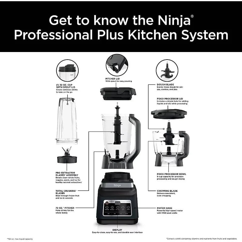 Ninja BN805A Pro Plus 5-in-1 Kitchen System, 1400W, Auto IQ, 72oz Blender Pitcher, 64oz Processor Bowl, 2x32oz Cups, Black