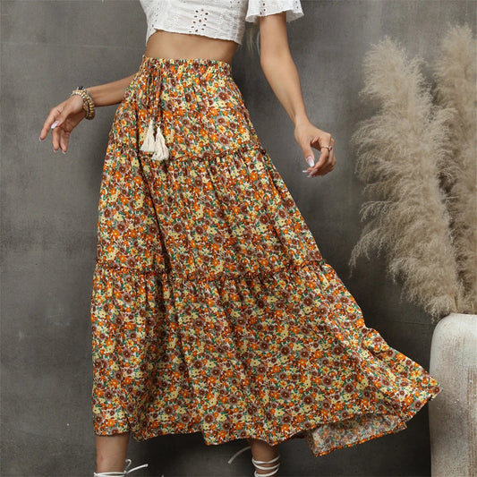 Summer Floral Print TINTINOS Skirts Women High Waist Ruffles Pleated Long Maxi Beach Skirt British Style Bohemian Midi Skirts