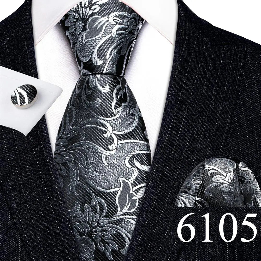 Fashion Mens Ties Set Silk Gray Black Silver White Striped Plaid Solid Paisley Floral Neck Tie Hankderchief Cufflinks Barry·Wang