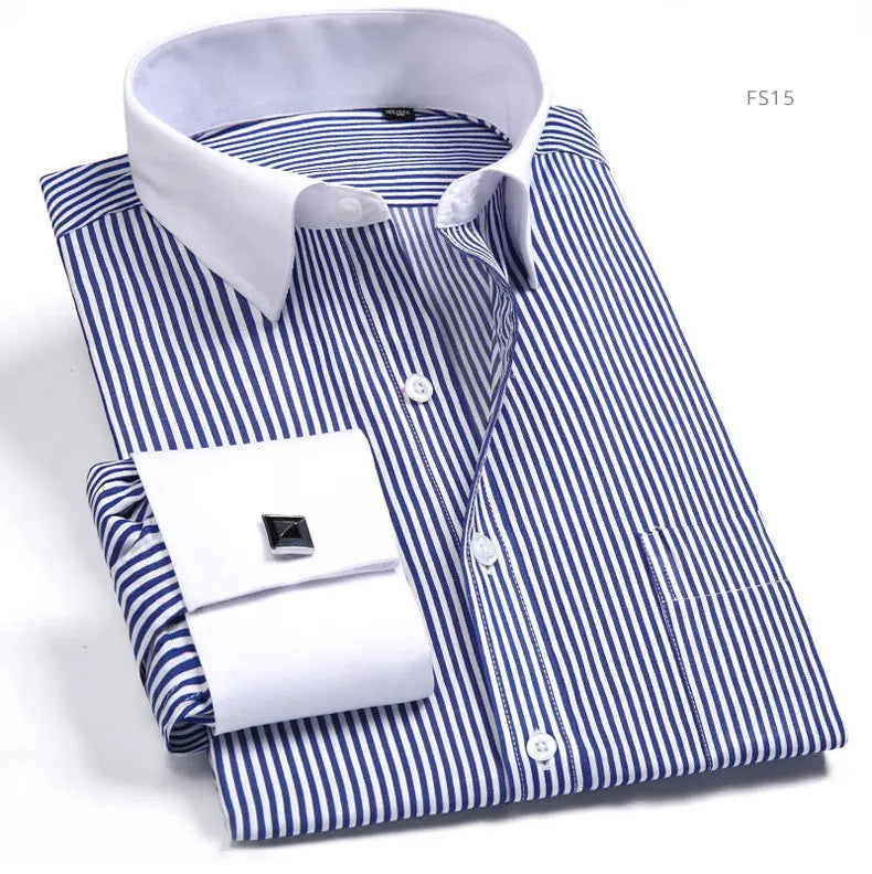 Brand NEW 2024-2025 Fashion Mens French Cufflinks Dress Shirts Long Sleeve Yellow White Blue Social Business Regular Fit Wedding Party Shirt For Man