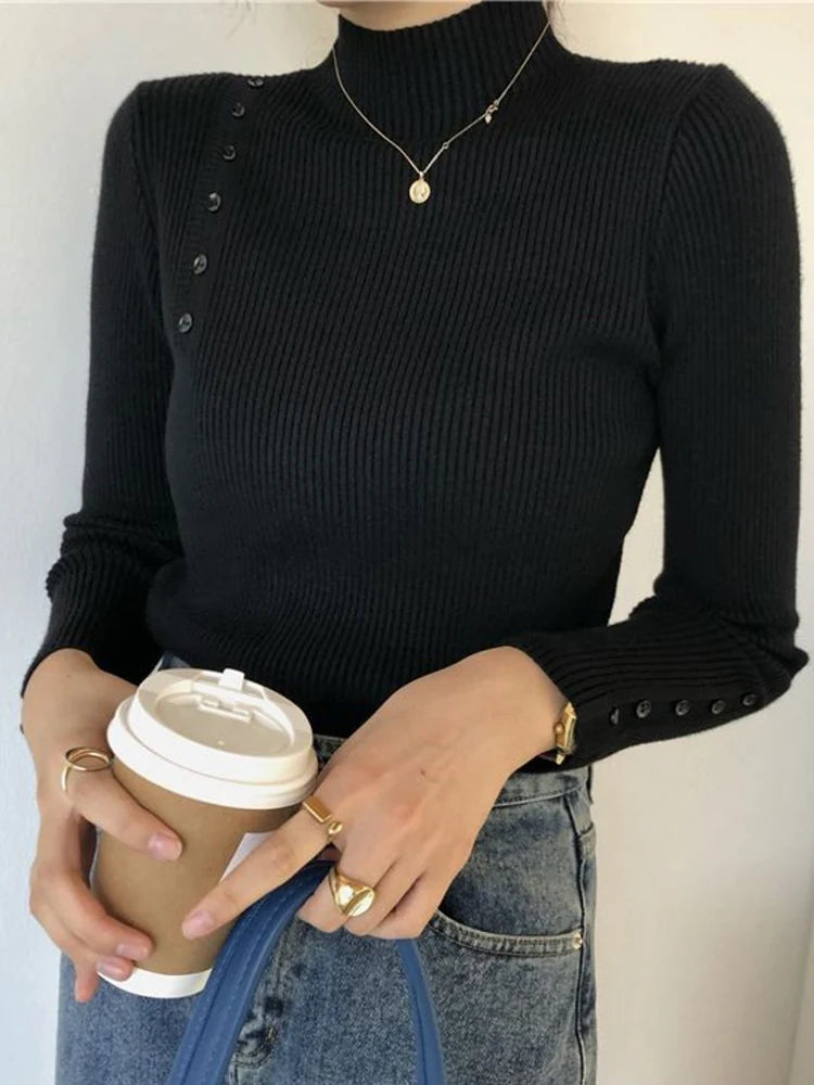 Women Knitted Sweater Long Sleeve Button Turtleneck Slim Pullovers for Autumn Winter 2024 Female Sweaters Soft Warm Bottoming Tops