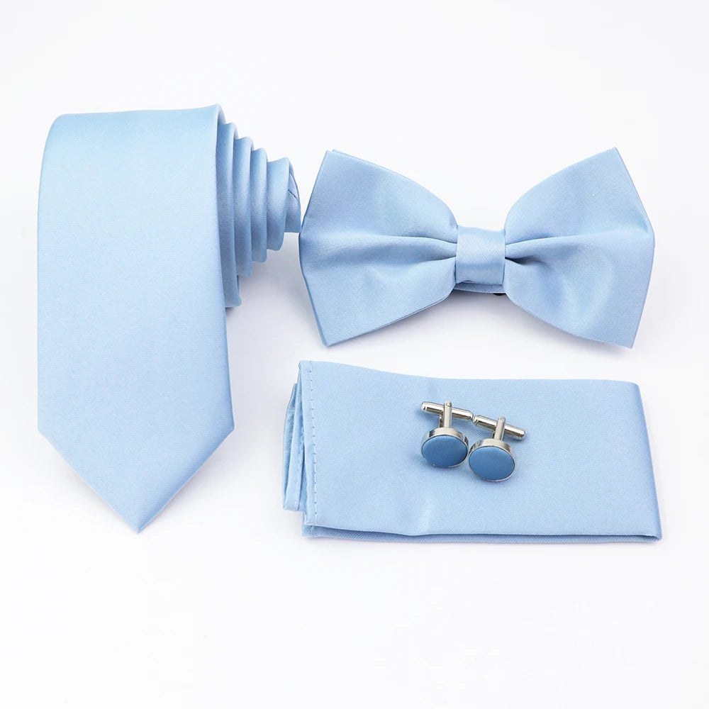 Hot Sale Pink Purple Sage Green Tie Set Polyester Necktie Bowtie Cufflink Brooch For Groom Suit Wedding Cravat Shirt Accessory