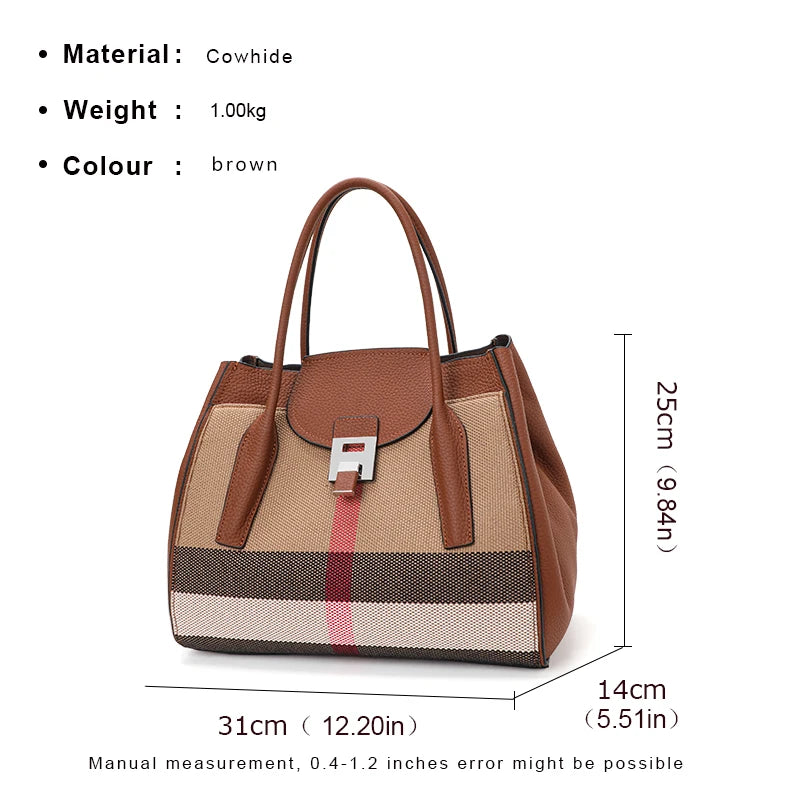 New 2024-2025 Checkered women's handbag 2024 fashionable canvas genuine leather bag large capacity multifunctional cowhide wing bag