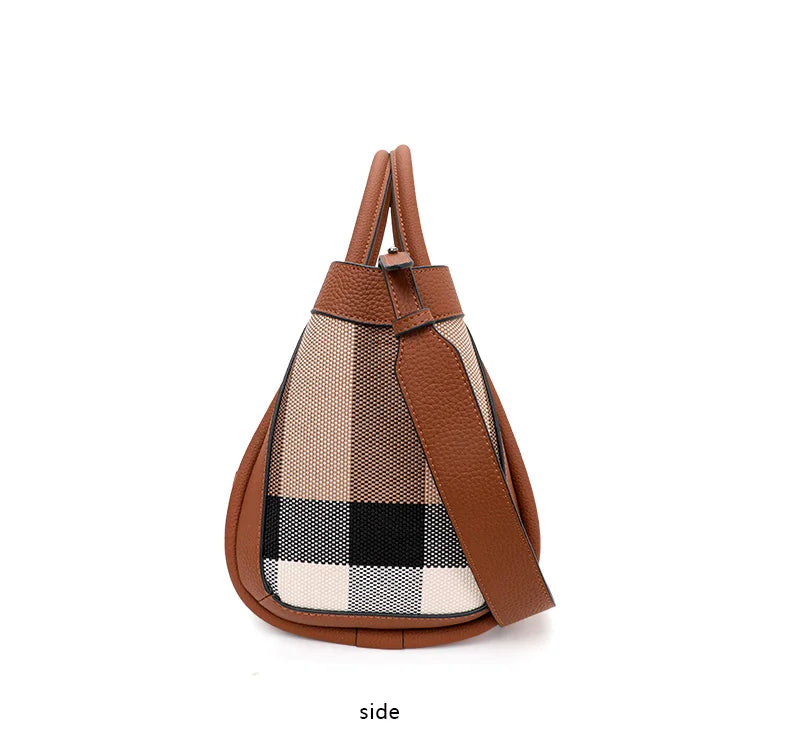 NEW 2024-2025 New Retro Checkered Women's Handbag Fashionable and Advanced Large Capacity Canvas with Cowhide Mother and Child Bag