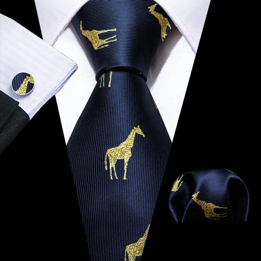 Barry.Wang Jacquard Animal Silk Men Tie Hankerchief Cufflinks Set Novelty Necktie for Male Gift Wedding Business Party 30 Styles