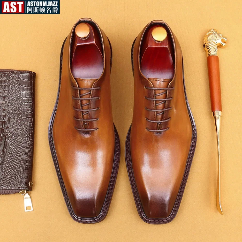 Handmade Mens Wedding Oxford Shoes Brown Genuine Leather Brogue Men's Dress Shoes Lace Up Business Formal Shoes for Men
