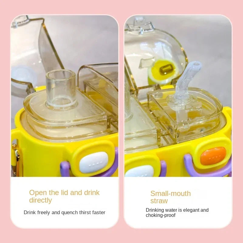 Drinking Bottle Large-Capacity Double-Bin Plastic Straw Cup Children Portable Carrying Water Bottle with High Beauty Cartoon Out