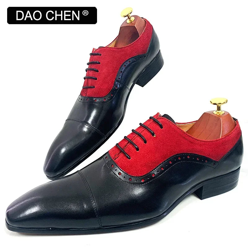 NEW 2024 LUXURY MEN'S OXFORD SHOES LACE UP BLCK MIXED RED SUEDE CASUAL MENS DRESS SHOES REAL LEATHER OFFICE WEDDING SHOES FOR MEN