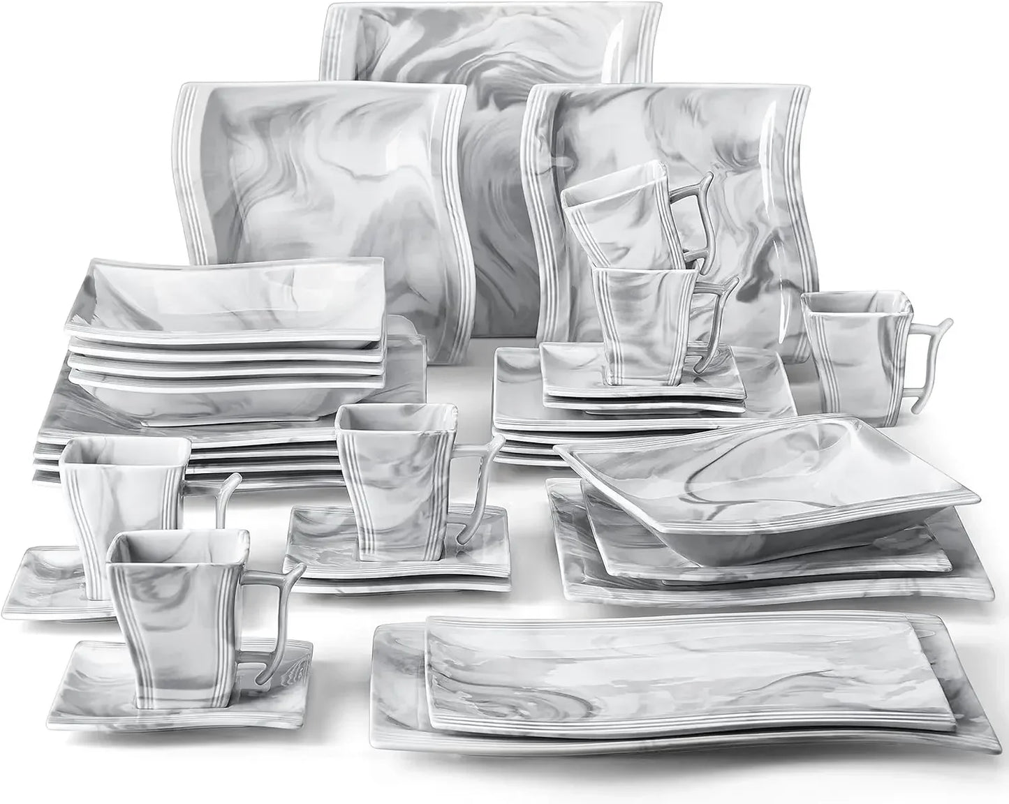 56 Piece Porcelain Plate and Bowl Set, 12 Piece Set, Square Tableware, Bowl, Serving Plate, Cup, Marble Tableware Set