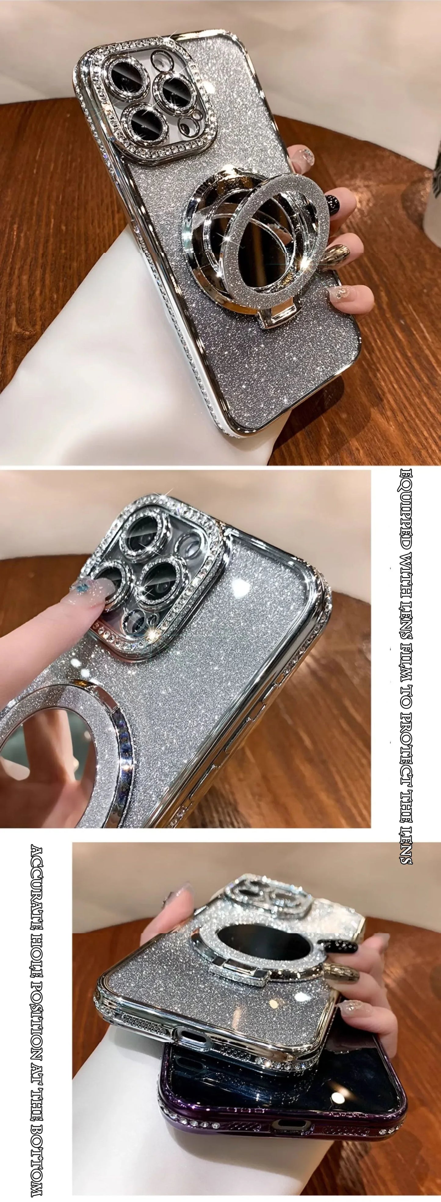 Luxury Diamond Clear Glitter Magsafe Case For iPhone 15 14 13 12 11 Pro Max 15Plus Mirror Magnetic Phone Holder Stand Soft Cover